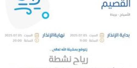 حالة الطقس اليوم في القصيم: الإنذار الأصفر في الأسياح وبريدة - بوابة فكرة وي