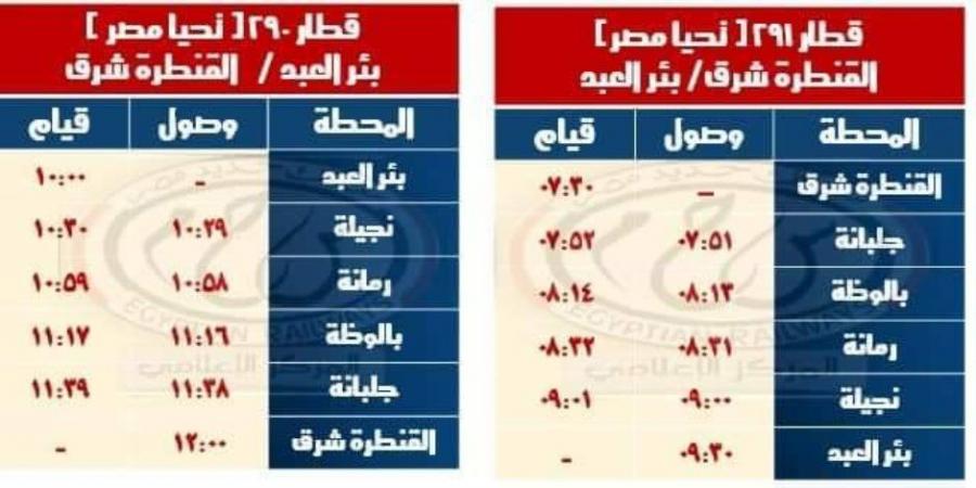 السكة الحديد تعلن مواعيد القطارات على خط القنطرة شرق وبئر العبد والعكس - بوابة فكرة وي