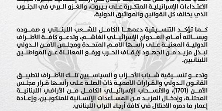 التنسيقية تطالب المجتمع الدولي بالتدخل لإيقاف الحرب ورفع المعاناة عن الشعب اللبناني - بوابة فكرة وي