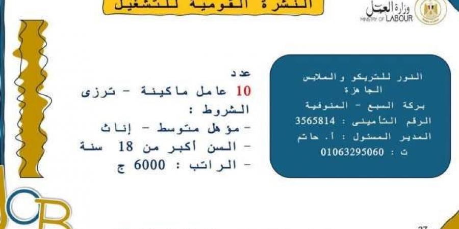 مديرية العمل بالمنوفية تعلن توافر وظائف جديدة للشباب: رواتب تصل إلى 6 آلاف جنيه - بوابة فكرة وي