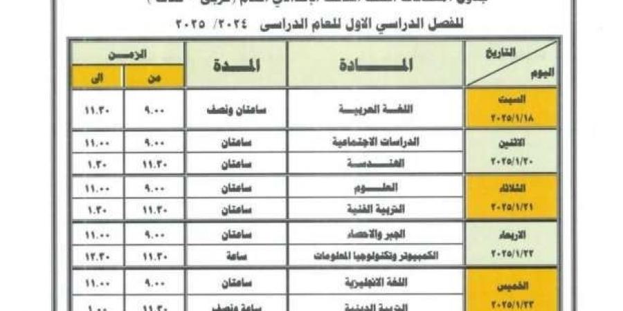 جدول امتحانات الترم الأول 2025 للشهادة الإعدادية في محافظة دمياط - بوابة فكرة وي